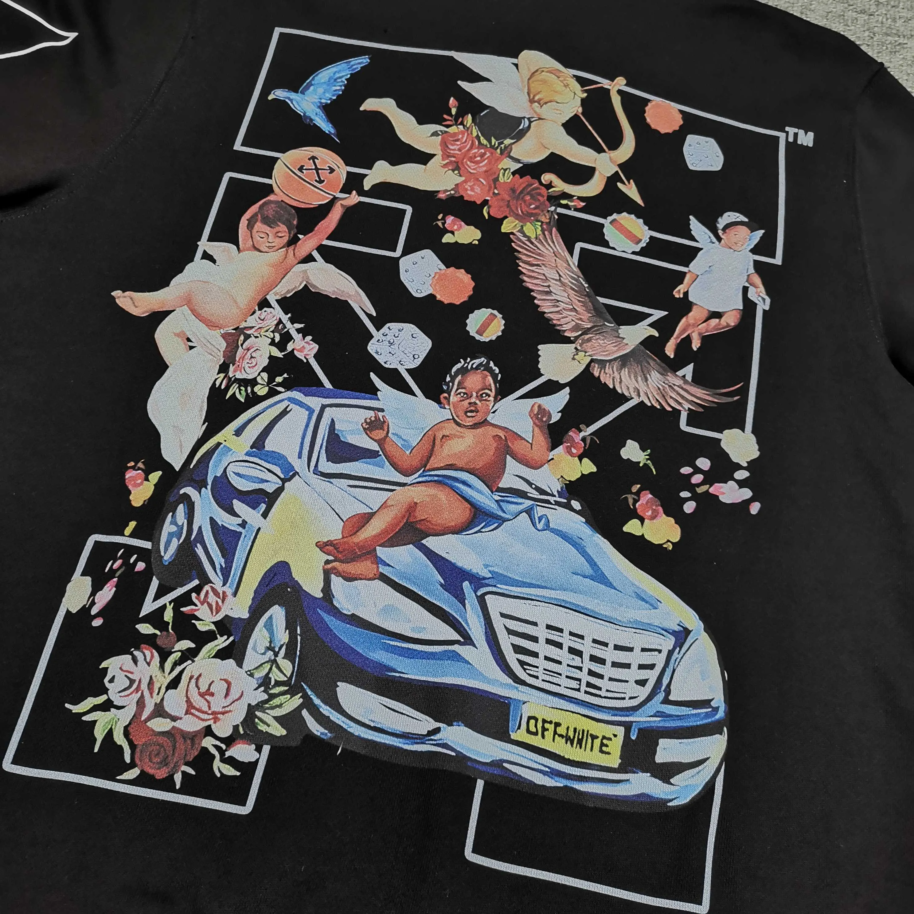 off white 25ss new portrait oil painting 460g washed hooded sweatshirt Color: Black White Size: S M L XL P410